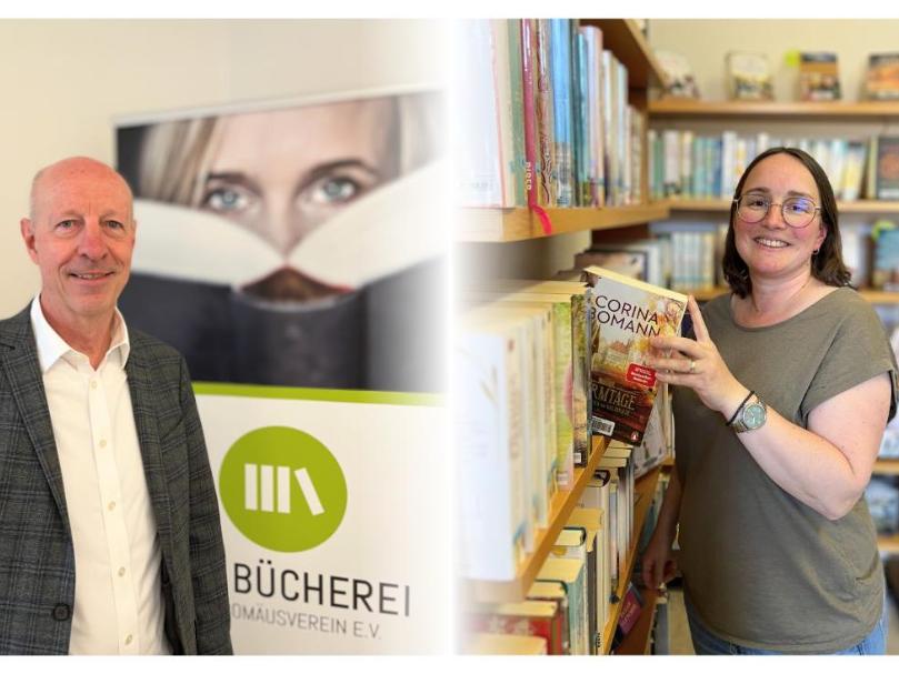 Links Mann vor Bücherei-Banner; rechts Frau in Bücherei, greift Buch aus Regal. (Alt-Text erstellt mit KI-Unterstützung)
